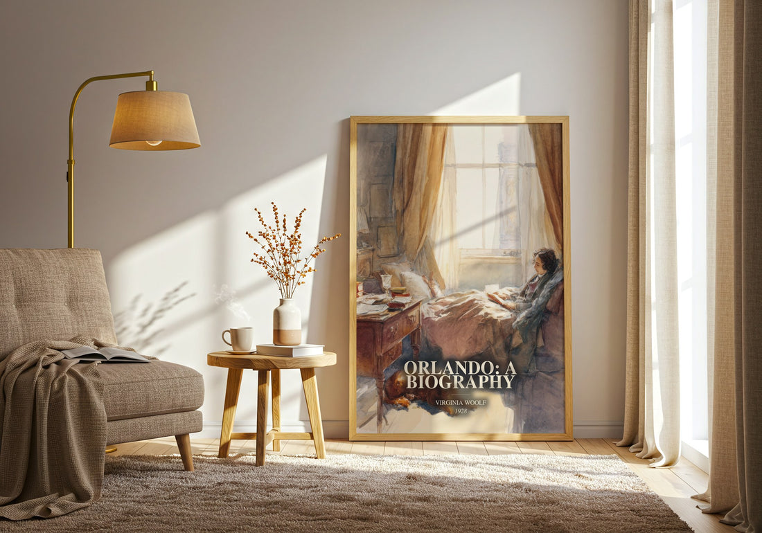 Orlando: A Biography watercolour print in frame leaning in hallway – classic literature wall art (mockup)