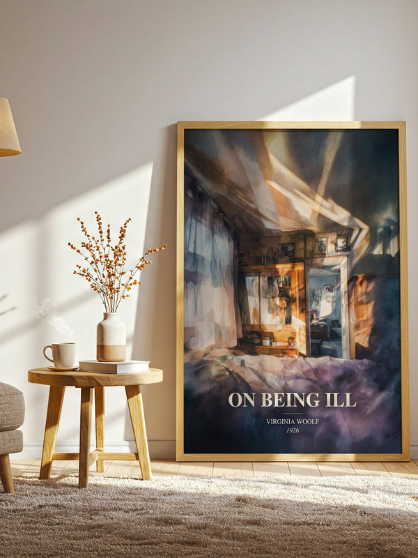 On Being Ill watercolour print in frame leaning in hallway – non fiction wall art