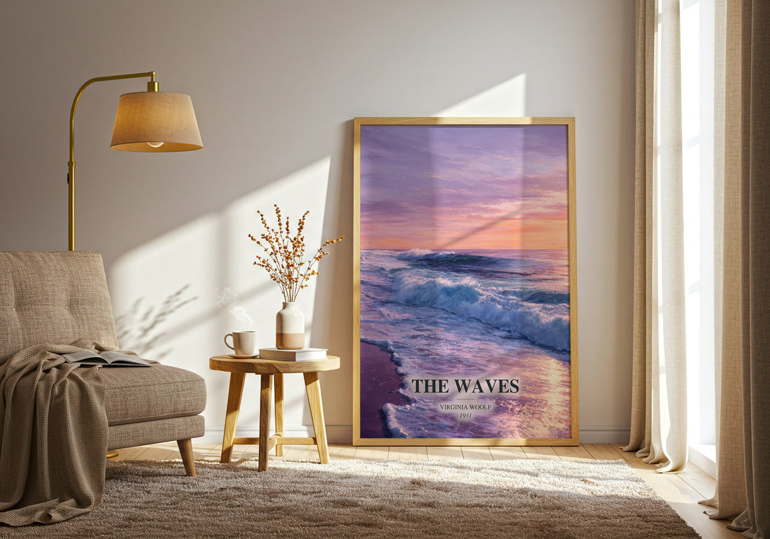 The Waves watercolour print in frame leaning in hallway – literary fiction wall art (mockup)