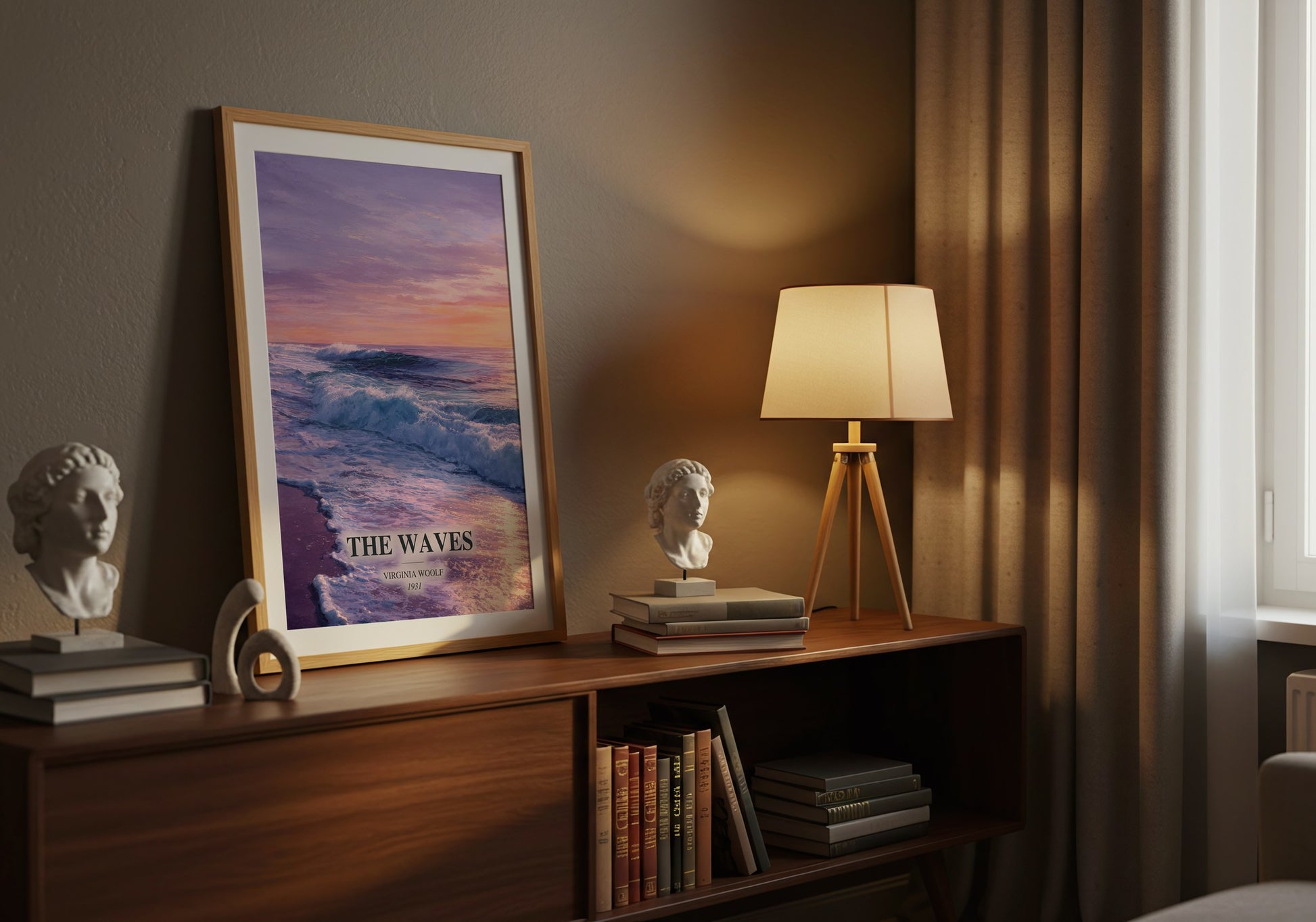 The Waves watercolour print on bookshelf – Virginia Woolf fan gift