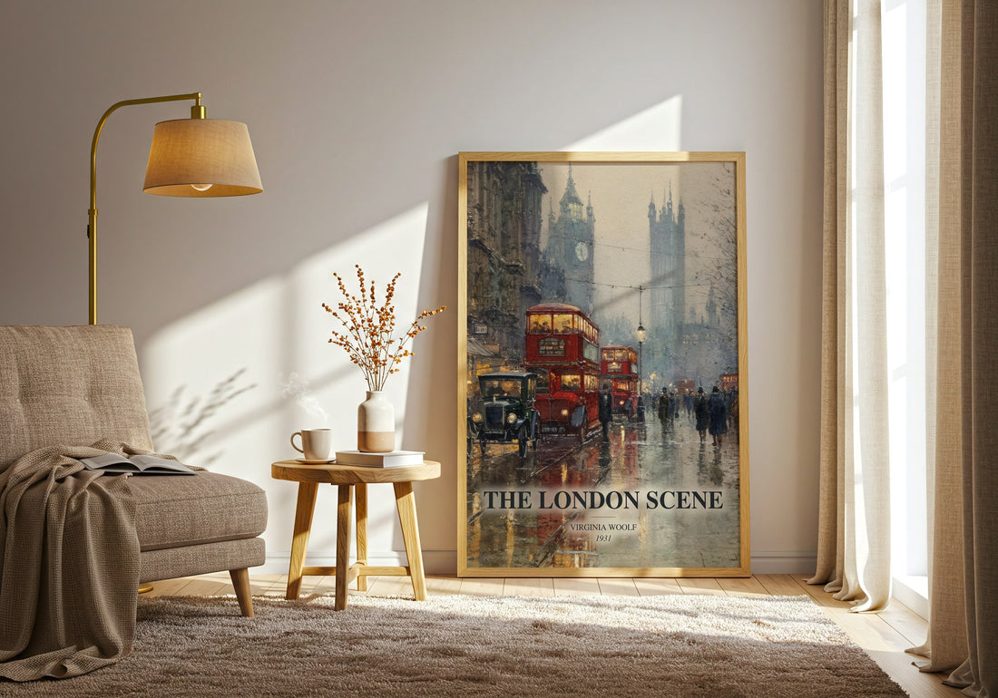The London Scene watercolour print in frame leaning in hallway – non fiction wall art (mockup)