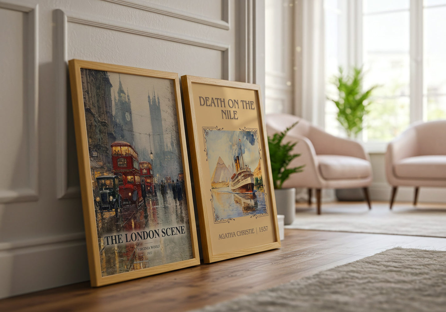The London Scene watercolour print framed by window – literary home decor