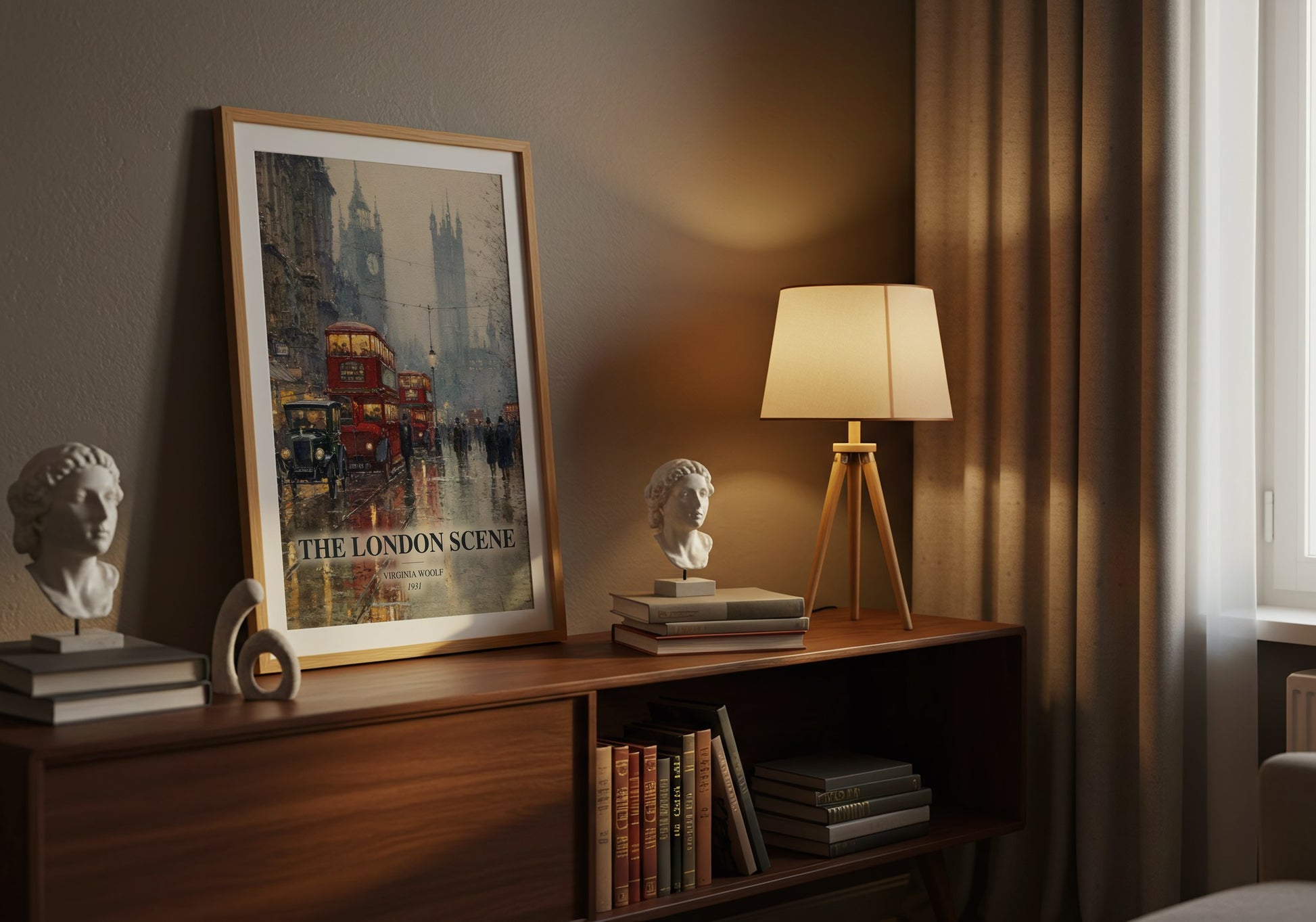 The London Scene watercolour print on bookshelf – Virginia Woolf fan gift