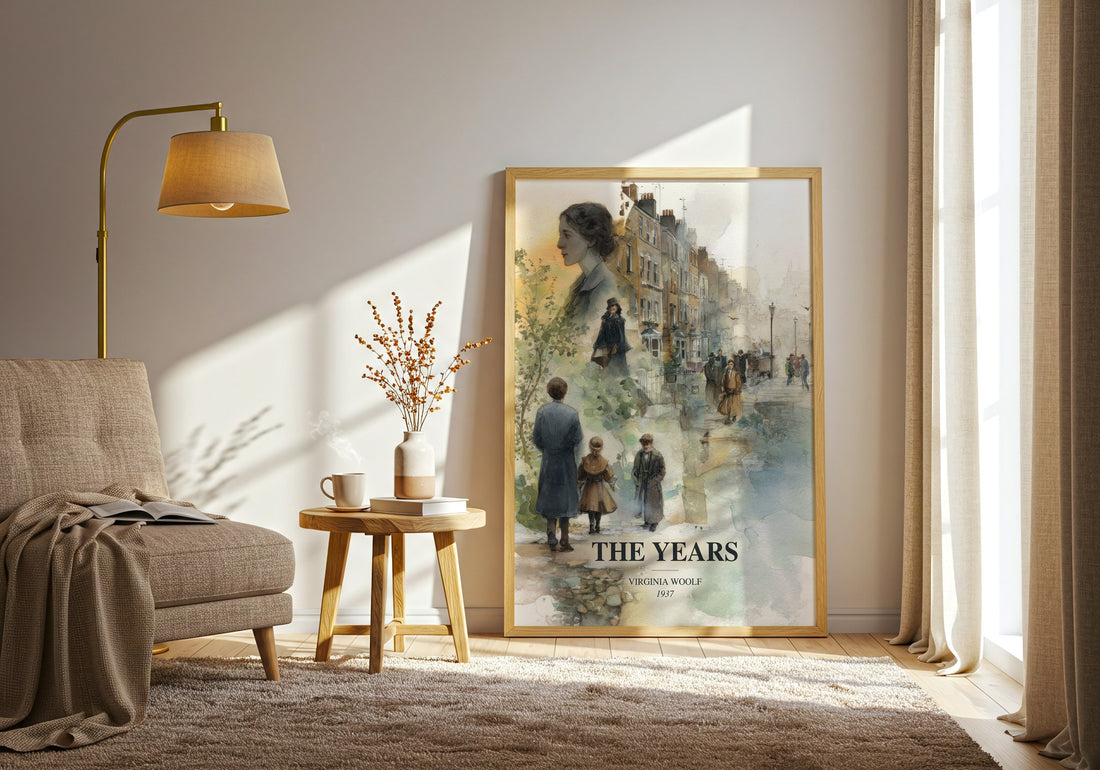 The Years watercolour print in frame leaning in hallway – literary fiction wall art (mockup)