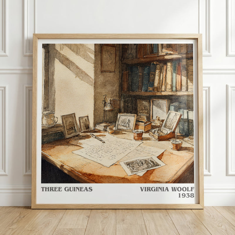 Three Guineas literary print in frame leaning in hallway – classic literature wall art
