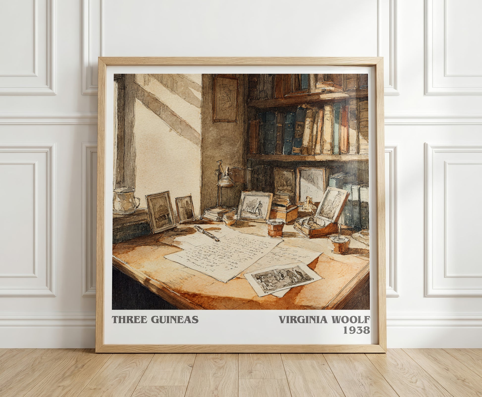 Three Guineas literary print in frame leaning in hallway – classic literature wall art