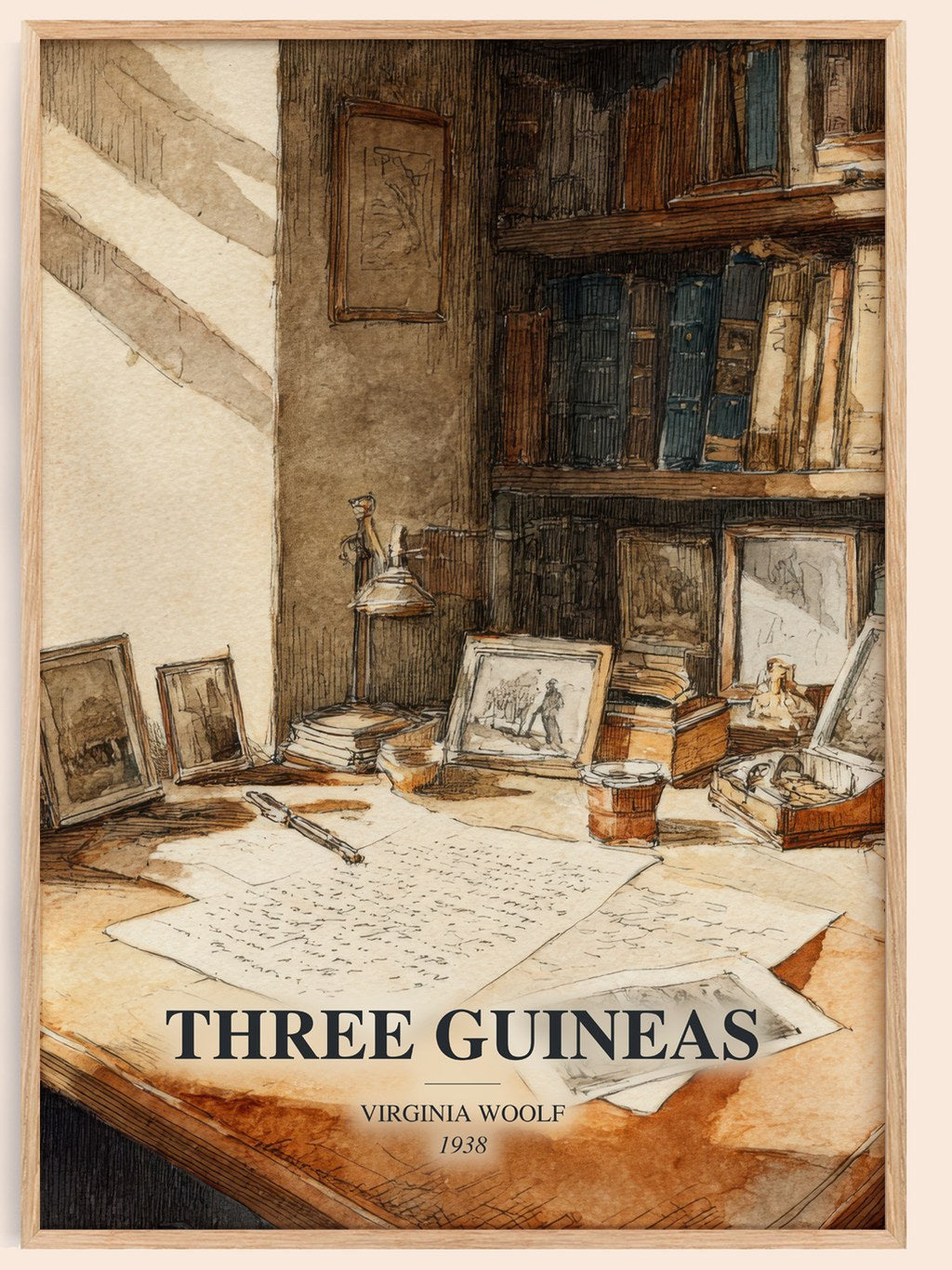 Three Guineas watercolour book poster by Virginia Woolf – framed literary art print