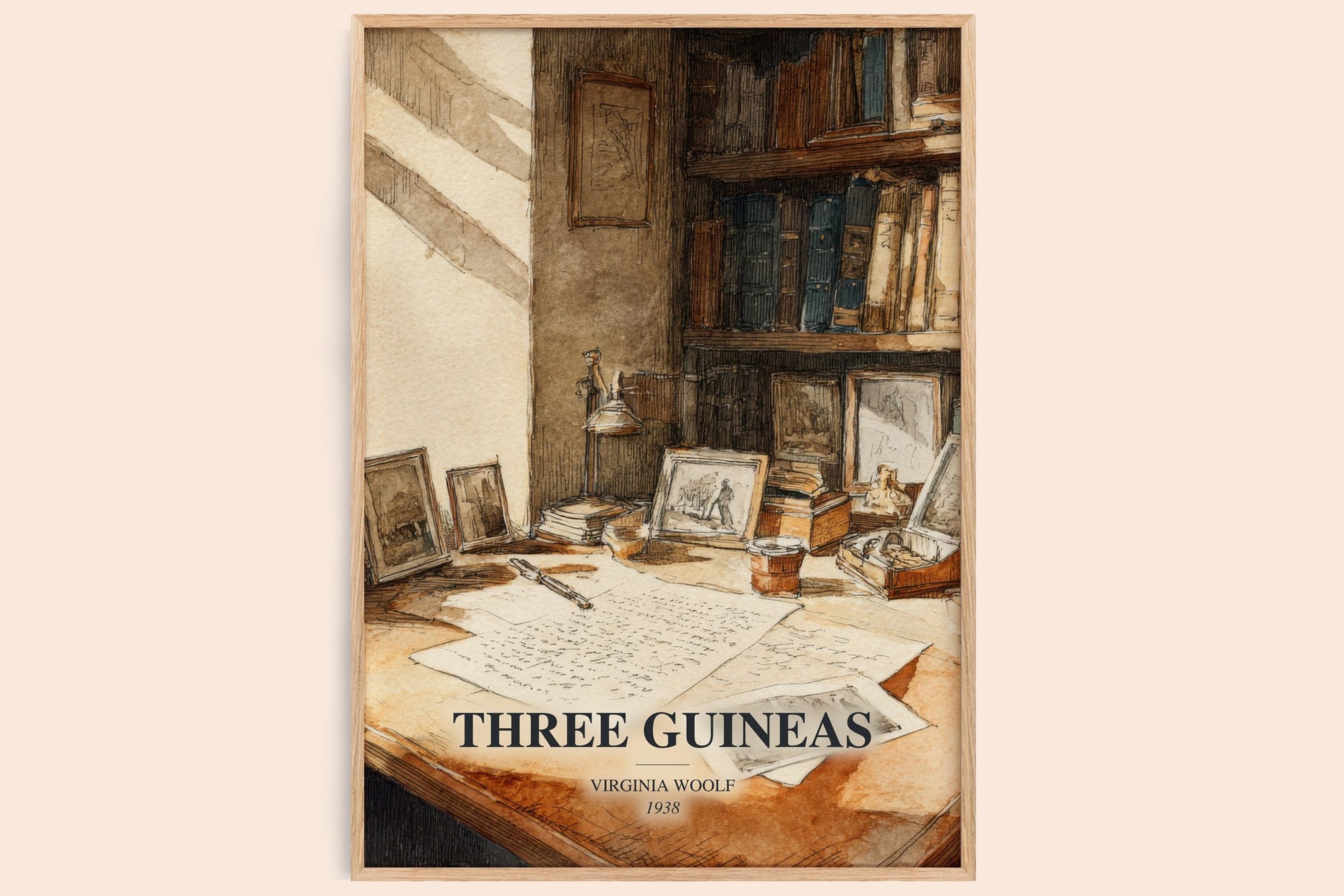 Three Guineas watercolour book poster by Virginia Woolf – framed literary art print