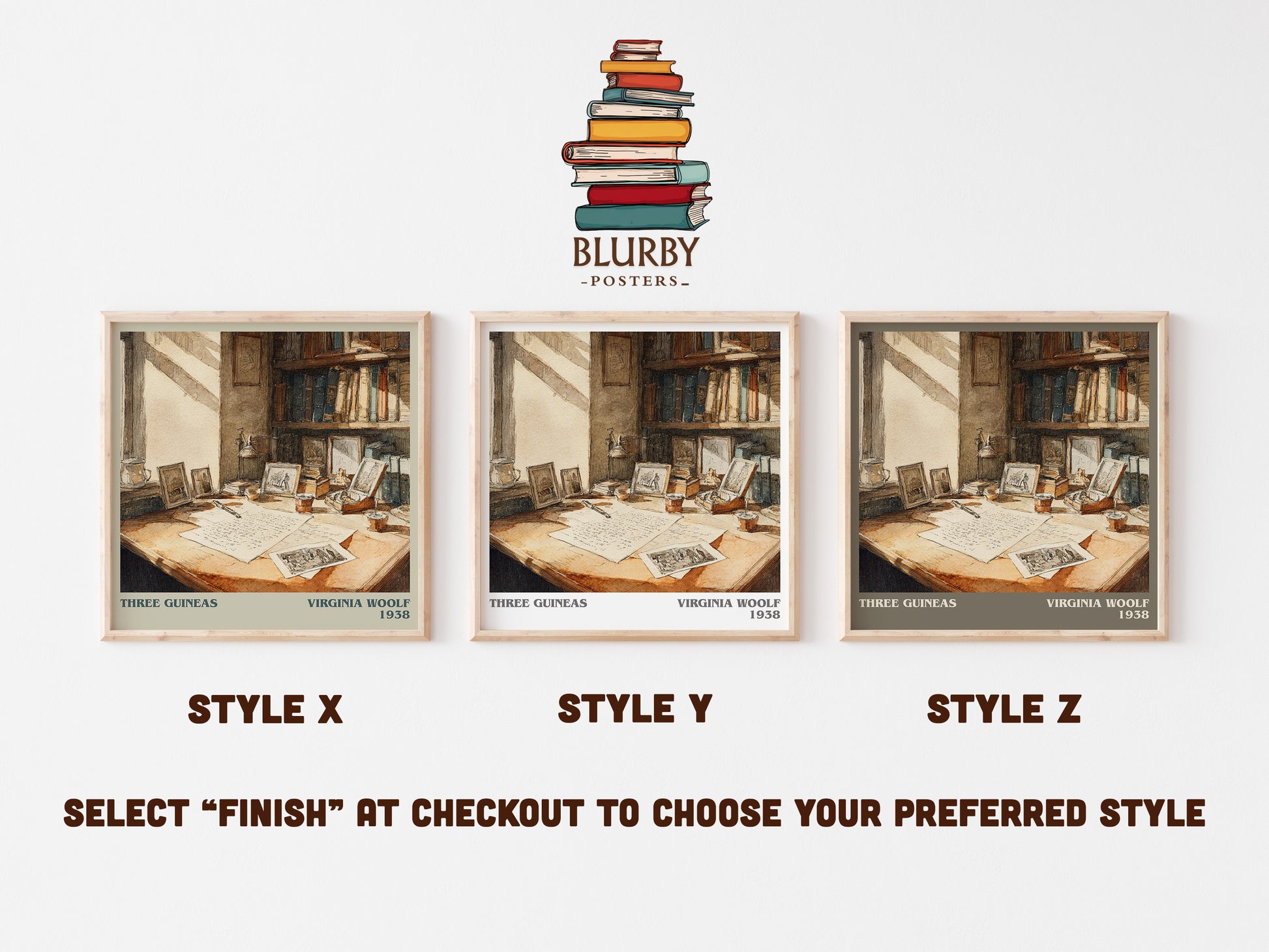 Three Guineas literary art print colour and style options – Virginia Woolf book art