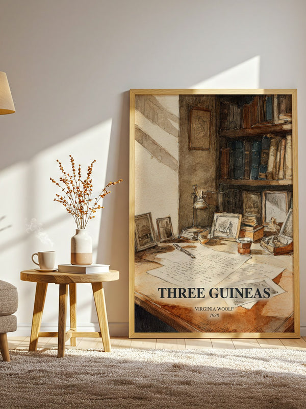 Three Guineas watercolour print in frame leaning in hallway – non fiction wall art