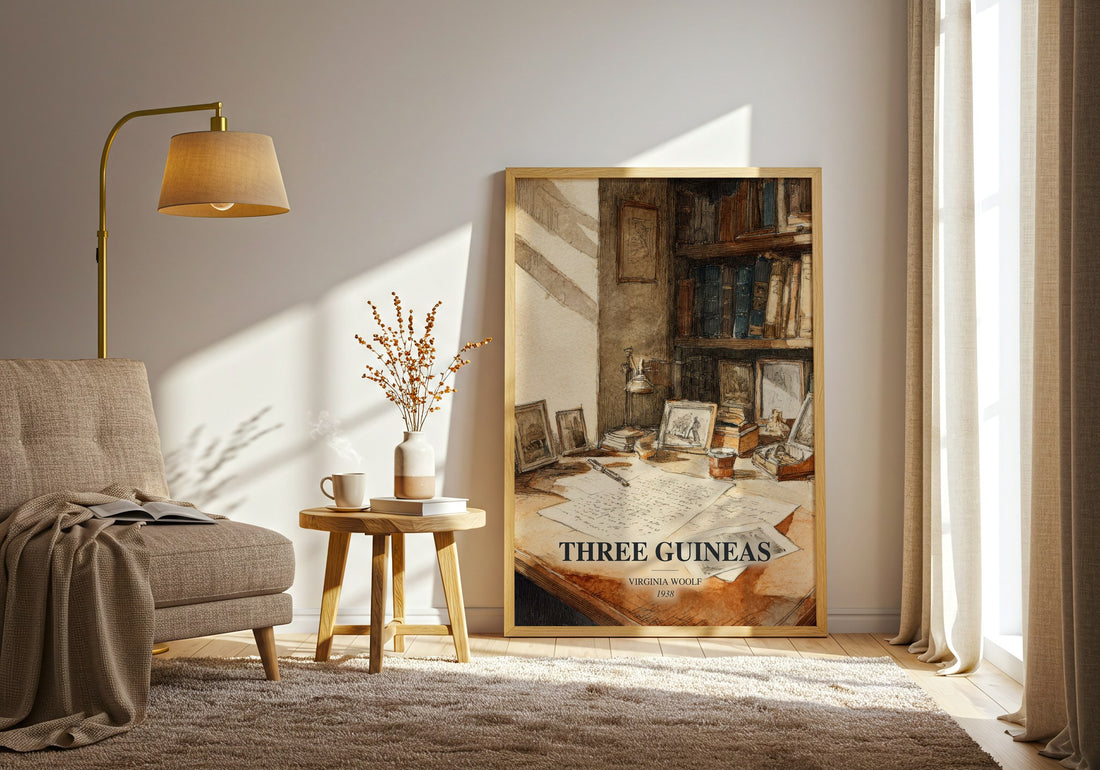 Three Guineas watercolour print in frame leaning in hallway – non fiction wall art (mockup)