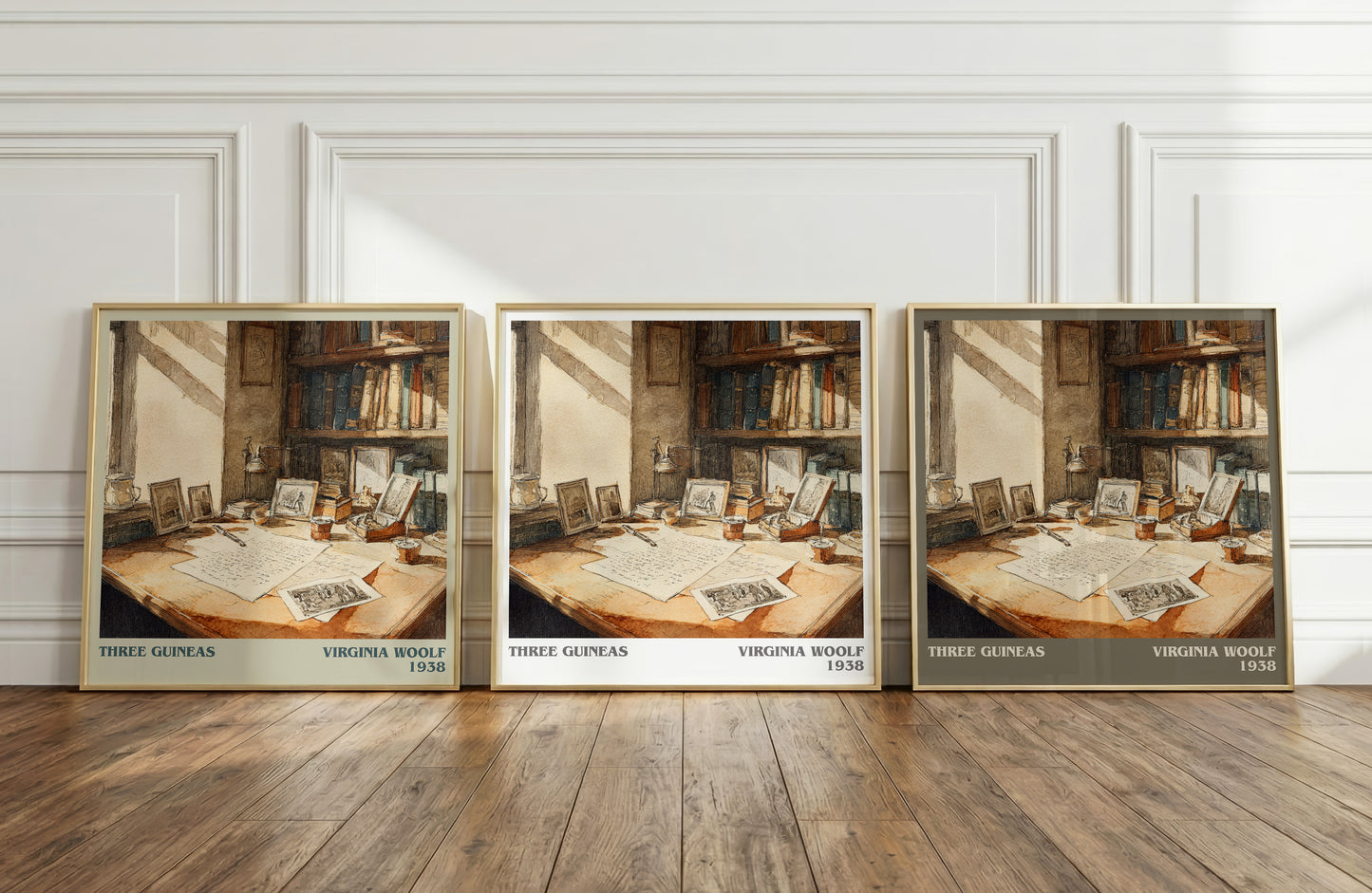 Three Guineas literary print framed by window – literary home decor