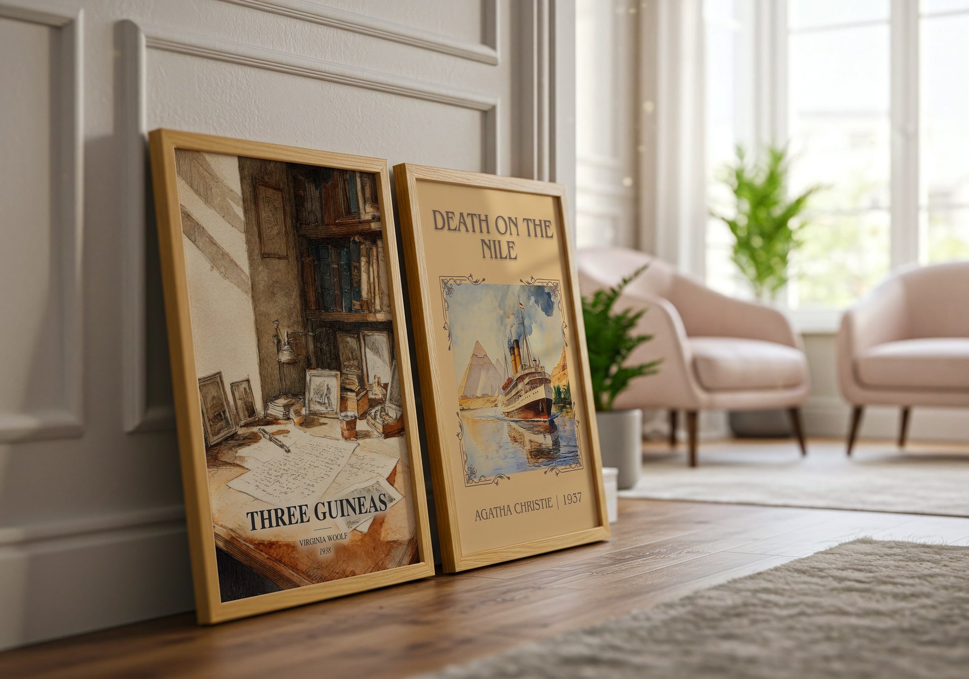 Three Guineas watercolour print framed by window – literary home decor