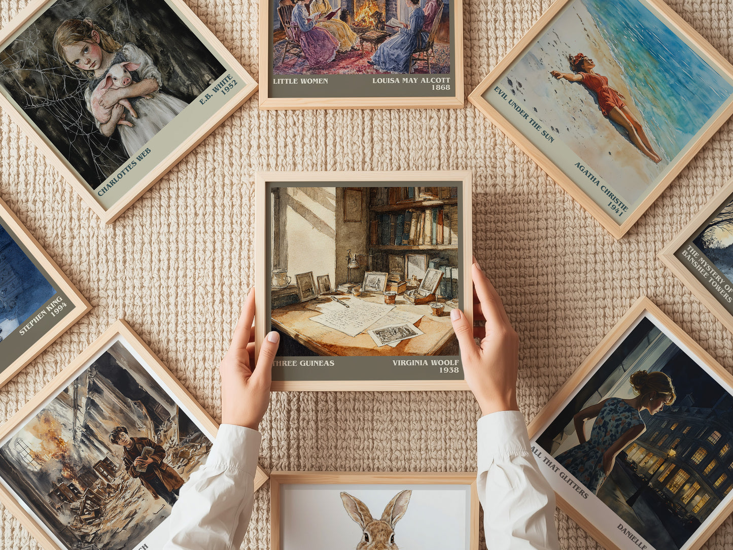 Three Guineas literary print on bookshelf – Virginia Woolf fan gift