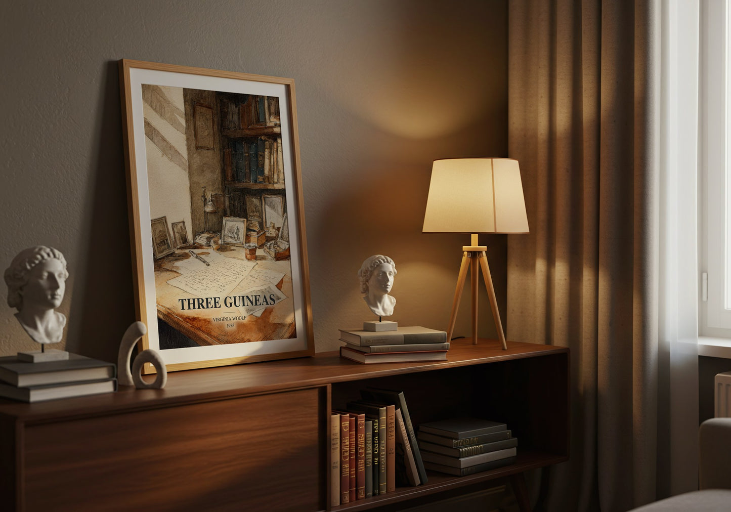 Three Guineas watercolour print on bookshelf – Virginia Woolf fan gift