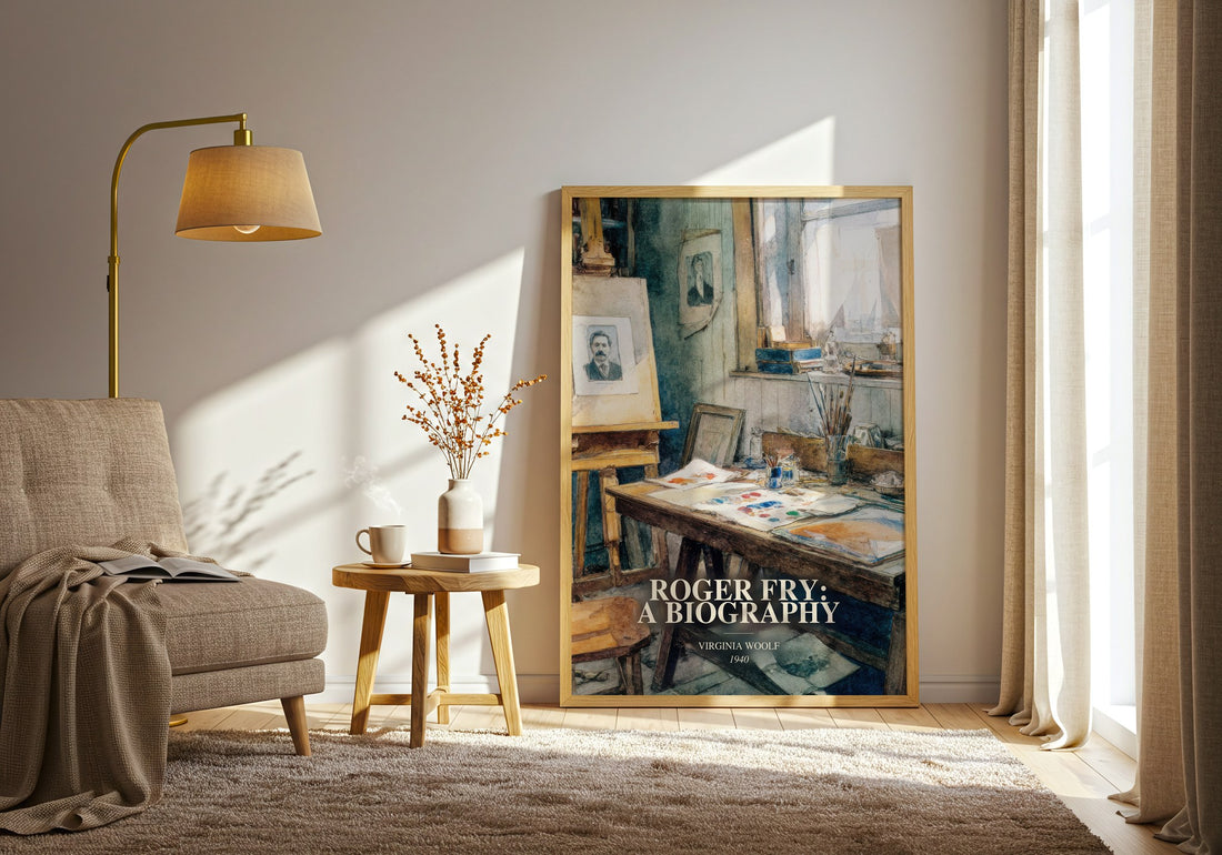 Roger Fry: A Biography watercolour print in frame leaning in hallway – non fiction wall art (mockup)