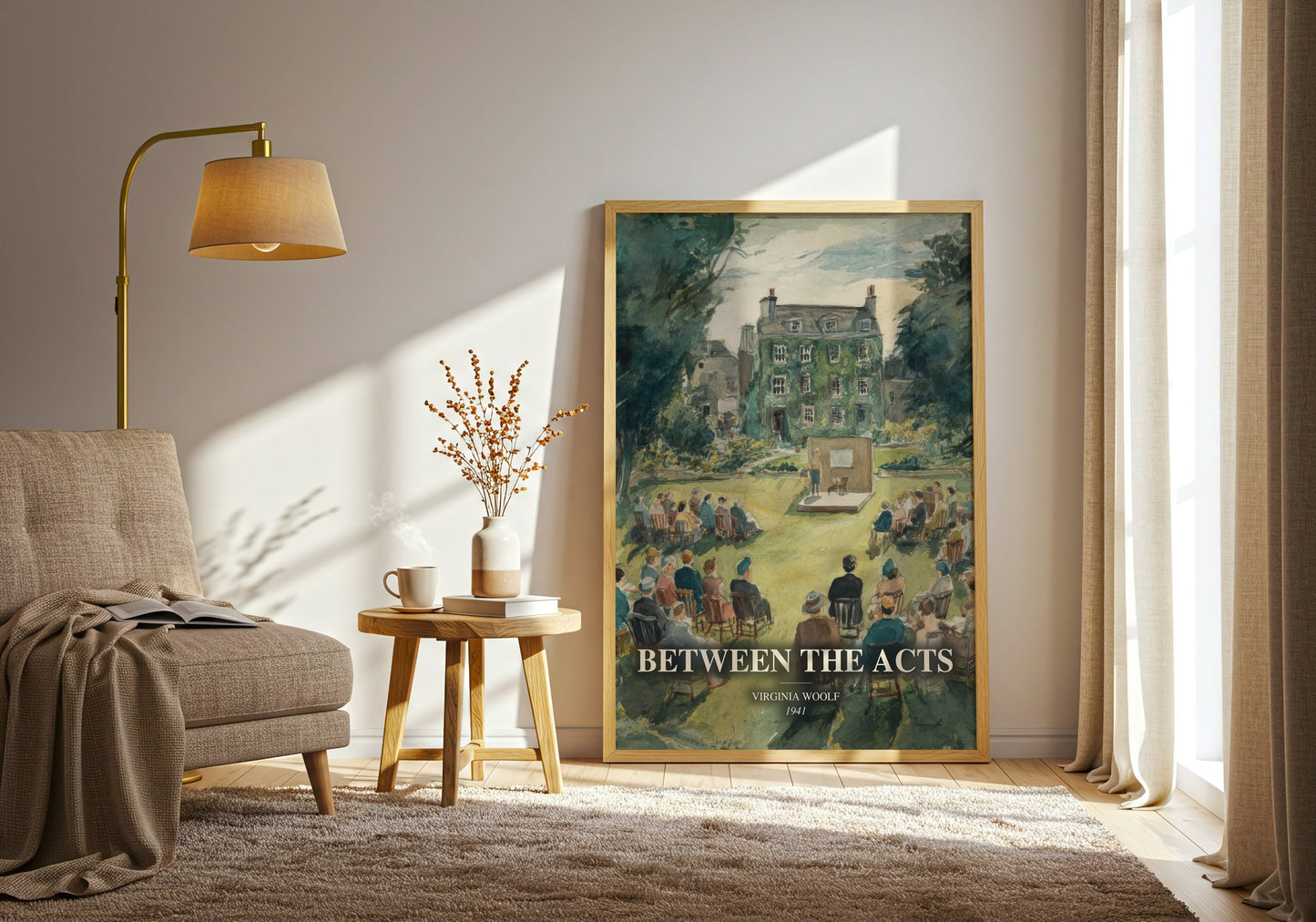 Between The Acts watercolour print in frame leaning in hallway – literary fiction wall art
