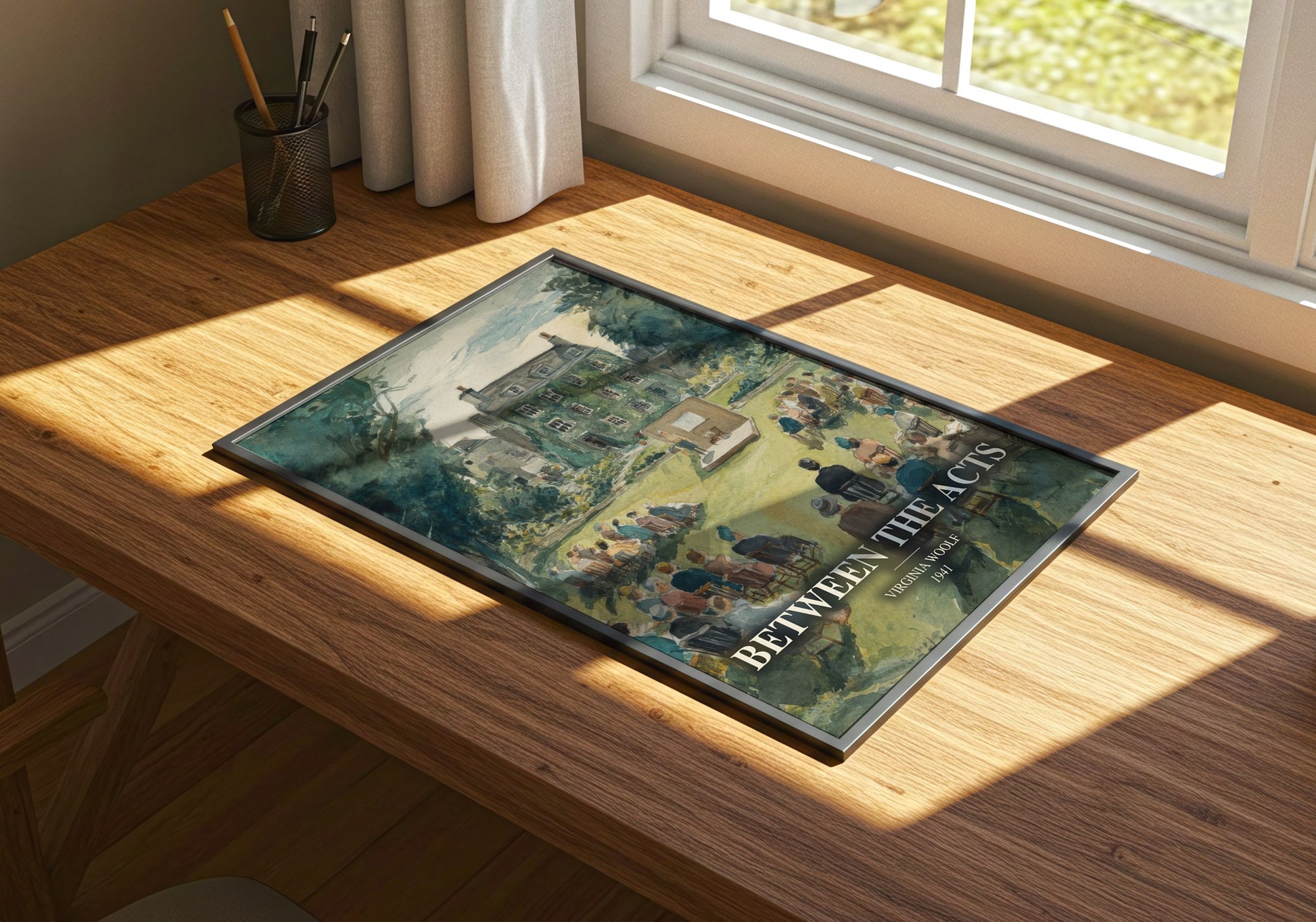 Between The Acts watercolour book poster framed on wall – literary fiction wall art