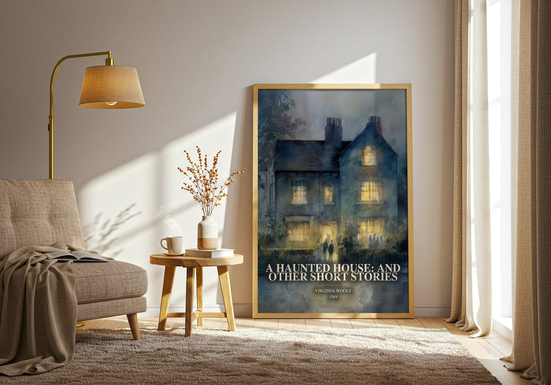 A Haunted House: And Other Short Stories watercolour print in frame leaning in hallway – literary fiction wall art (mockup)