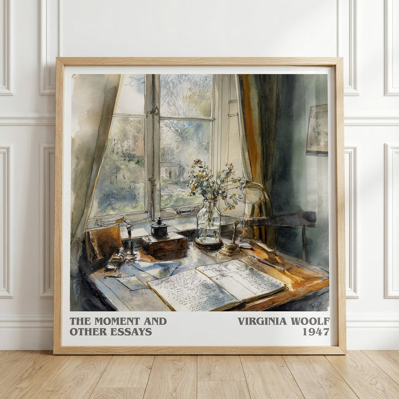 The Moment And Other Essays literary print in frame leaning in hallway – literary fiction wall art