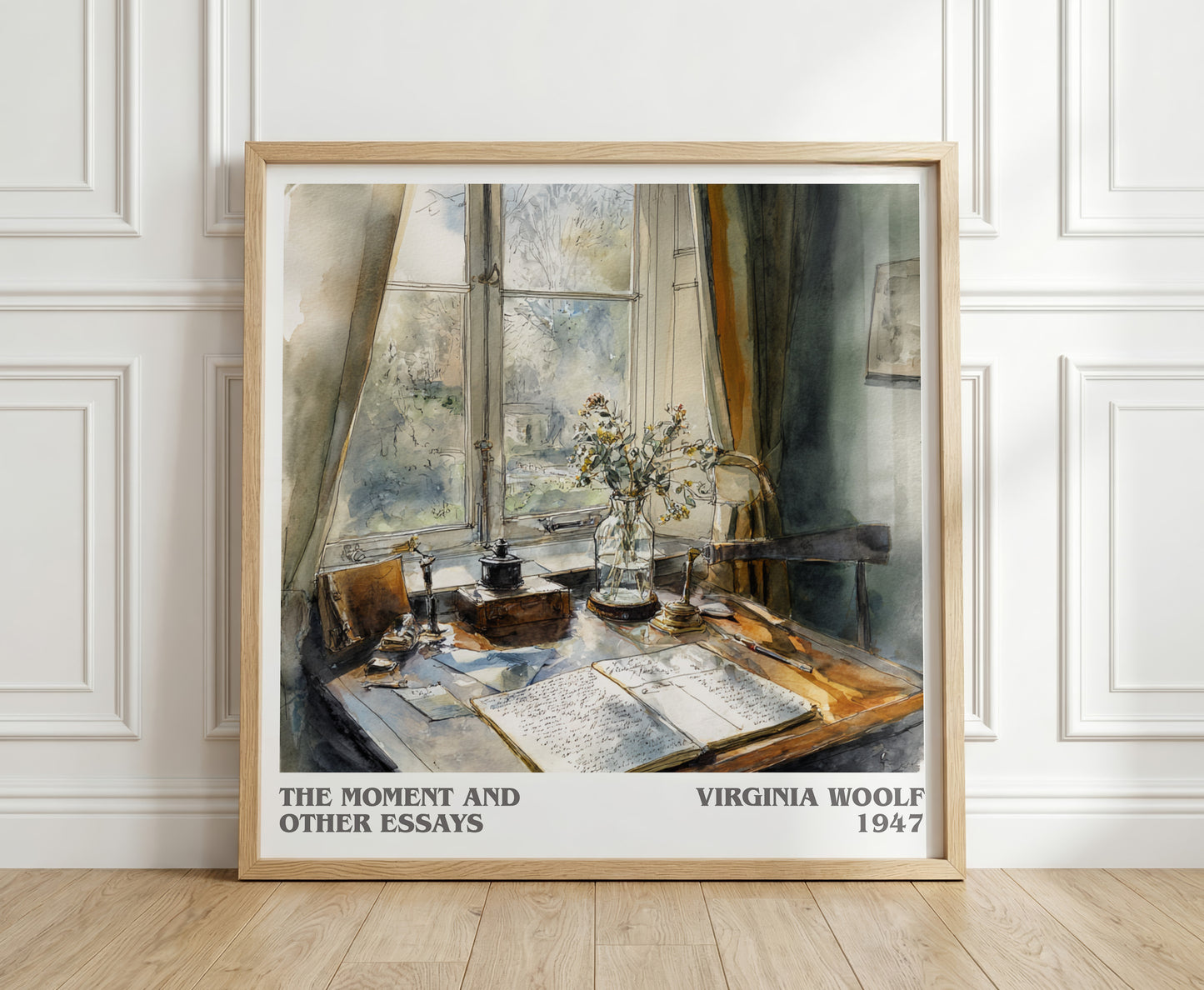 The Moment And Other Essays literary print in frame leaning in hallway – literary fiction wall art