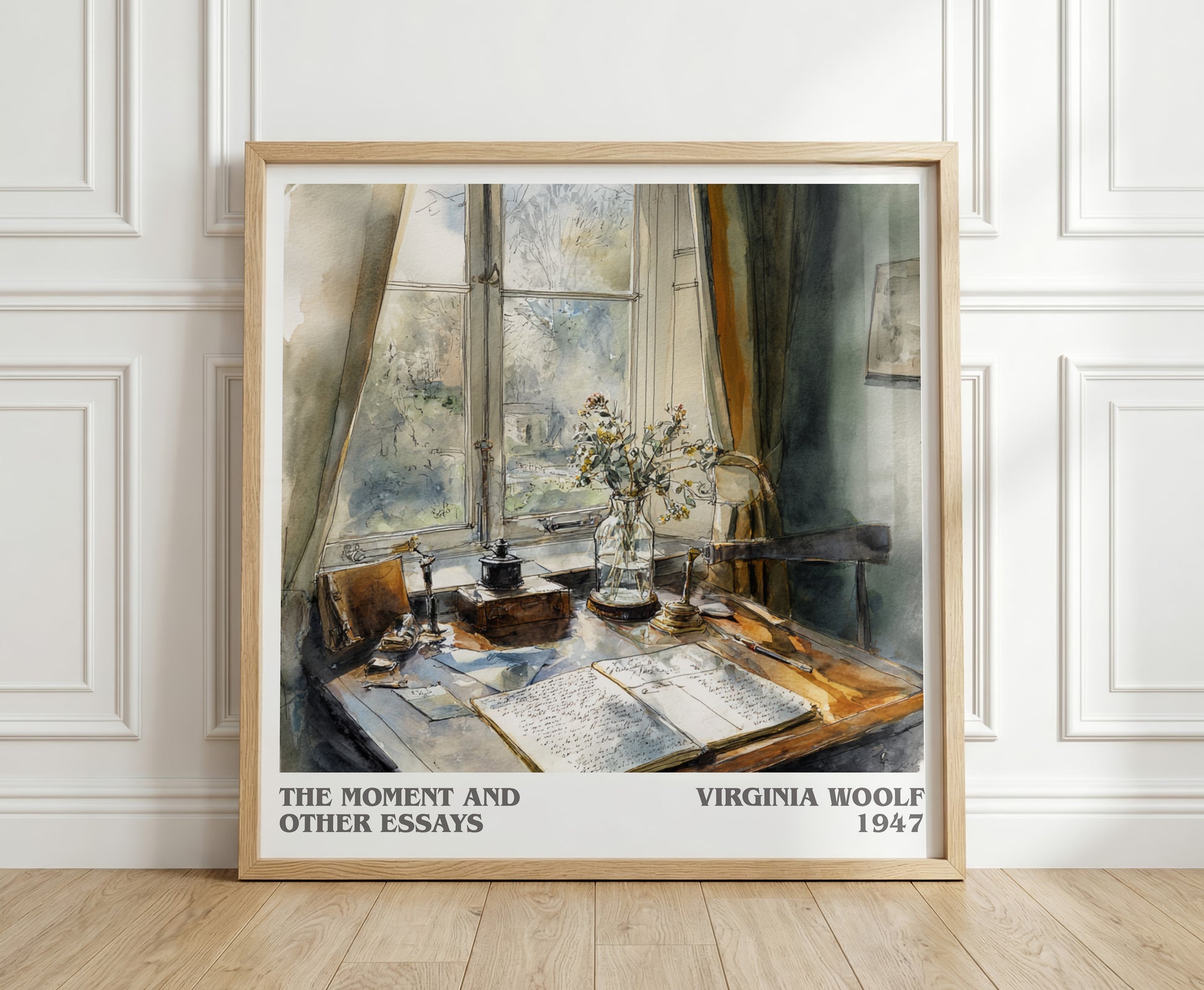 The Moment And Other Essays literary print in frame leaning in hallway – literary fiction wall art