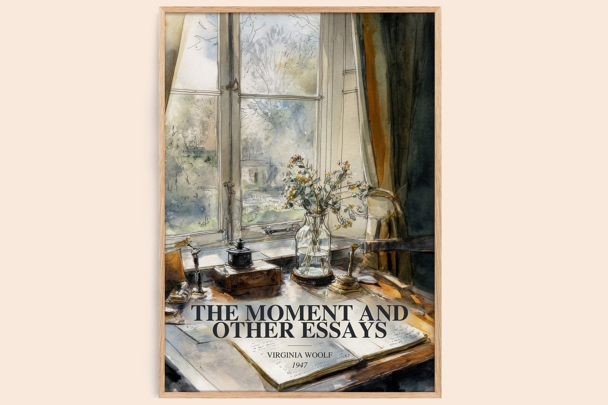 The Moment And Other Essays watercolour book poster by Virginia Woolf – framed literary art print