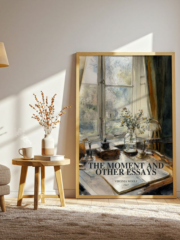 The Moment And Other Essays watercolour print in frame leaning in hallway – non fiction wall art