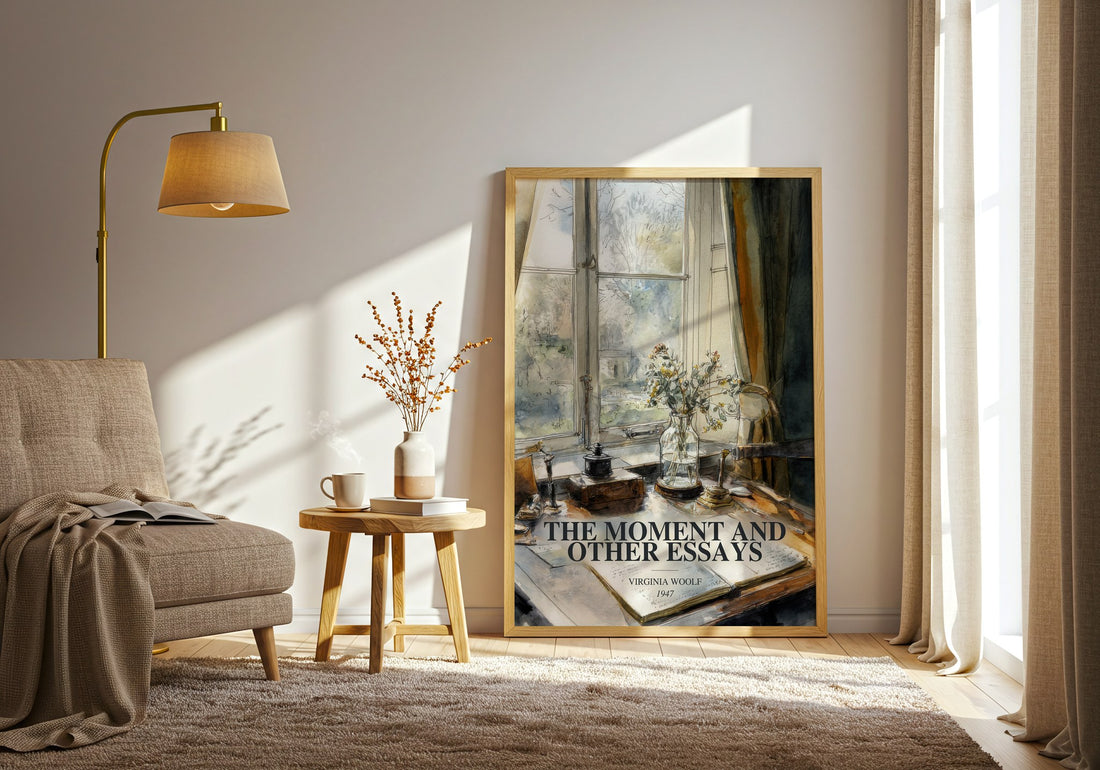 The Moment And Other Essays watercolour print in frame leaning in hallway – non fiction wall art (mockup)