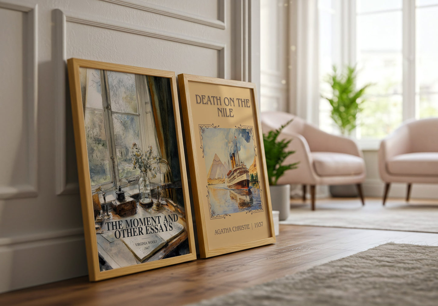 The Moment And Other Essays watercolour print framed by window – literary home decor