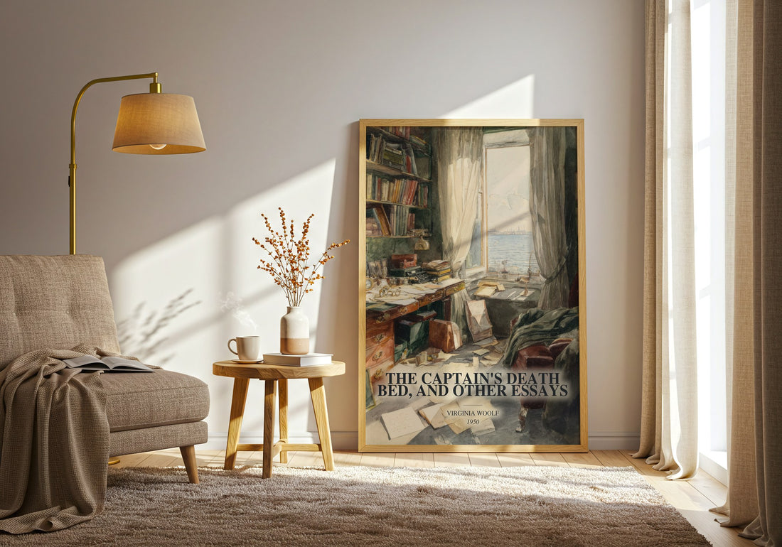 The Captain'S Death Bed, And Other Essays watercolour print in frame leaning in hallway – non fiction wall art (mockup)