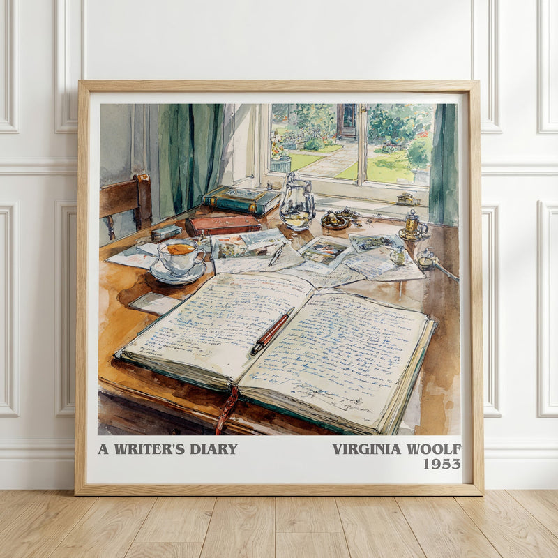 A Writer's Diary literary print in frame leaning in hallway – non fiction wall art
