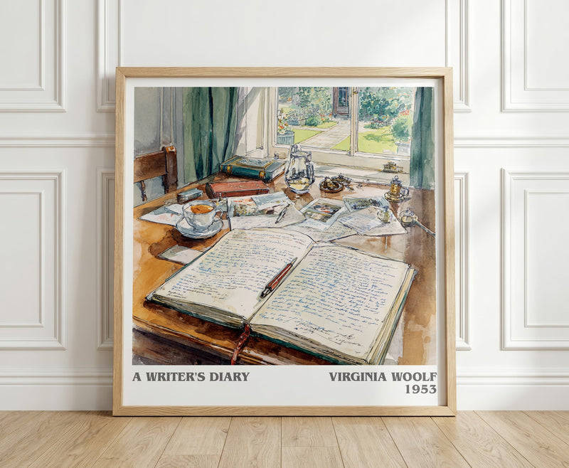 A Writer's Diary literary print in frame leaning in hallway – non fiction wall art