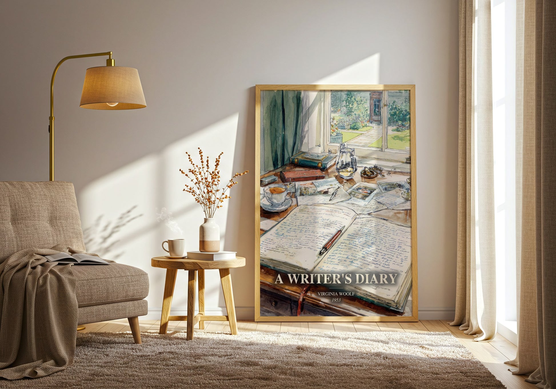 A Writer'S Diary watercolour print in frame leaning in hallway – non fiction wall art