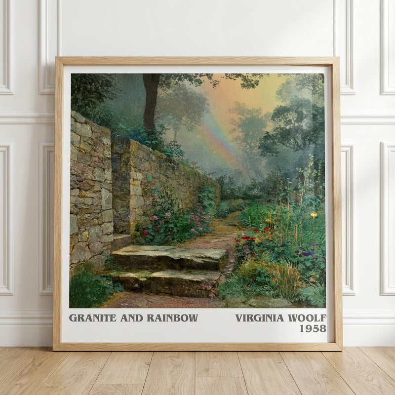Granite and Rainbow literary print in frame leaning in hallway – non fiction wall art
