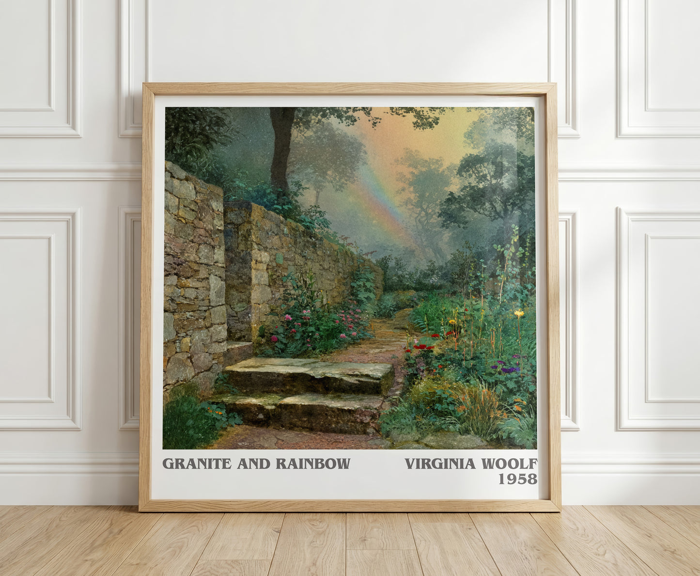 Granite and Rainbow literary print in frame leaning in hallway – non fiction wall art