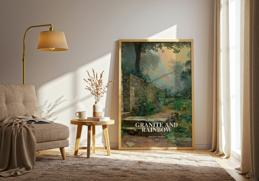 Granite And Rainbow watercolour print in frame leaning in hallway – non fiction wall art (mockup)
