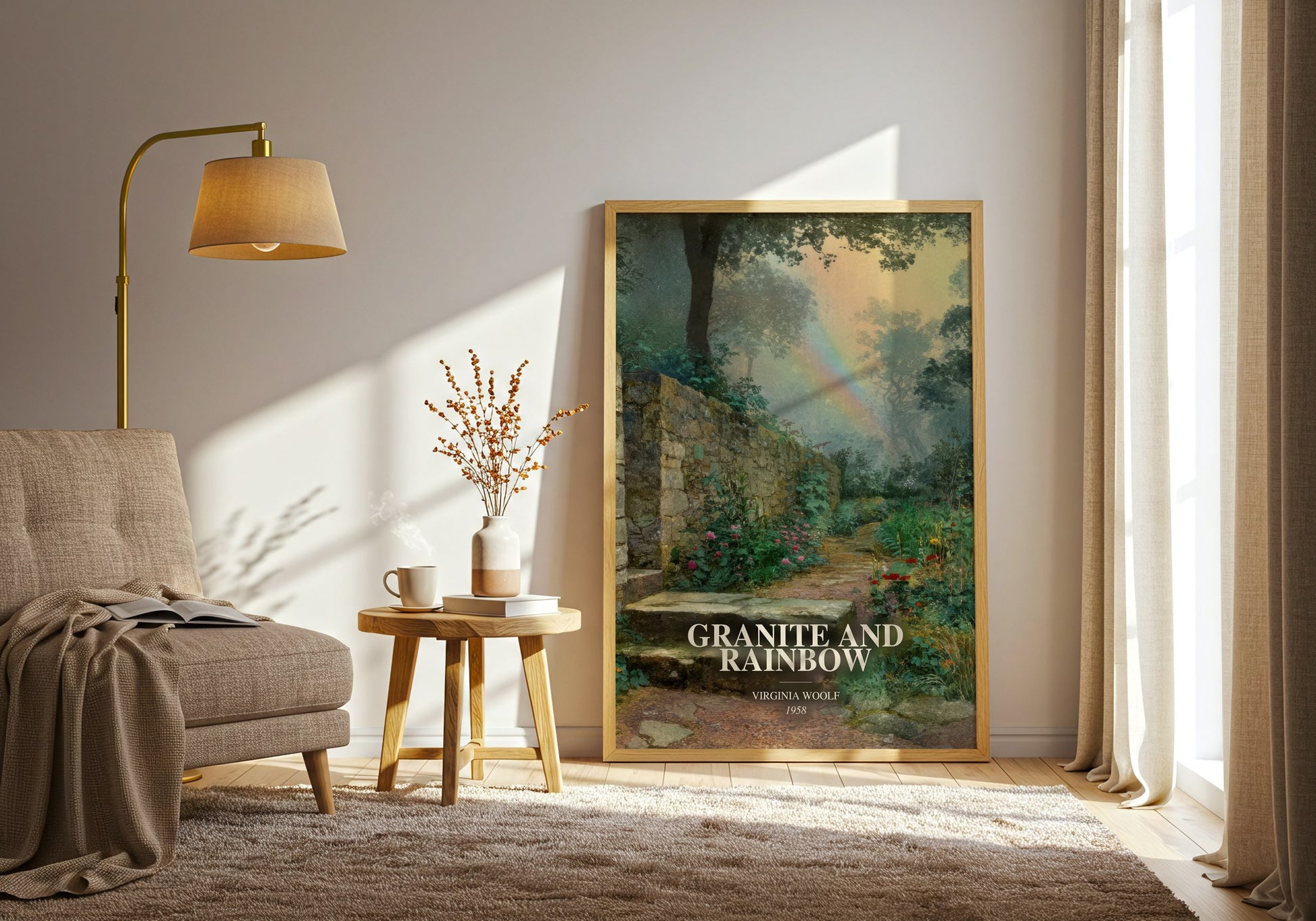 Granite And Rainbow watercolour print in frame leaning in hallway – non fiction wall art