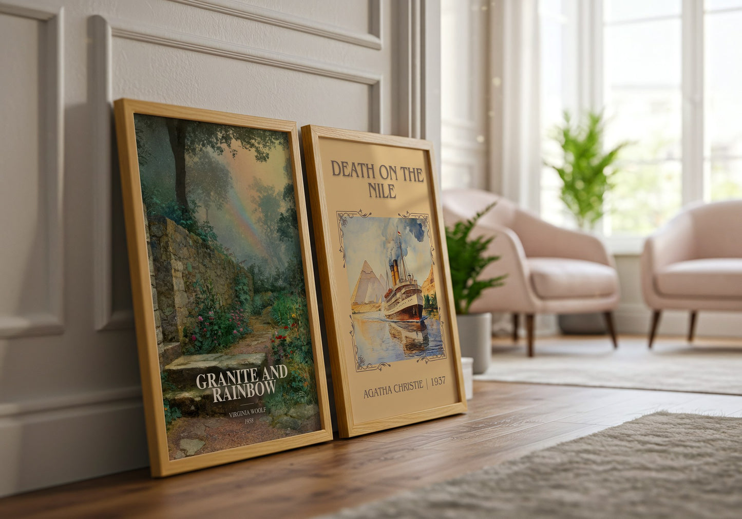 Granite And Rainbow watercolour print framed by window – literary home decor