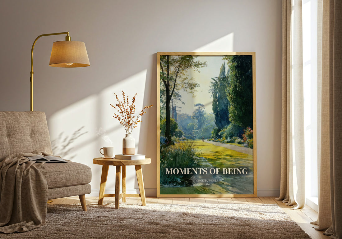 Moments Of Being watercolour print in frame leaning in hallway – memoir wall art (mockup)
