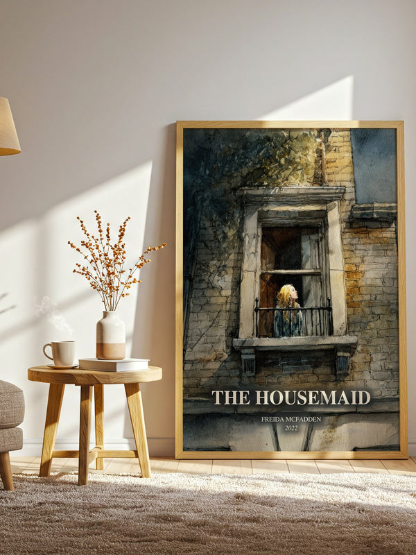 The Housemaid watercolour print in frame leaning in hallway – thriller wall art
