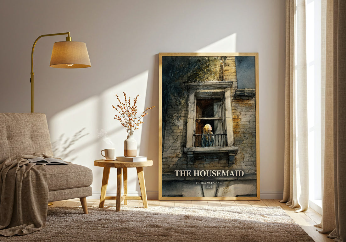 The Housemaid watercolour print in frame leaning in hallway – thriller wall art (mockup)