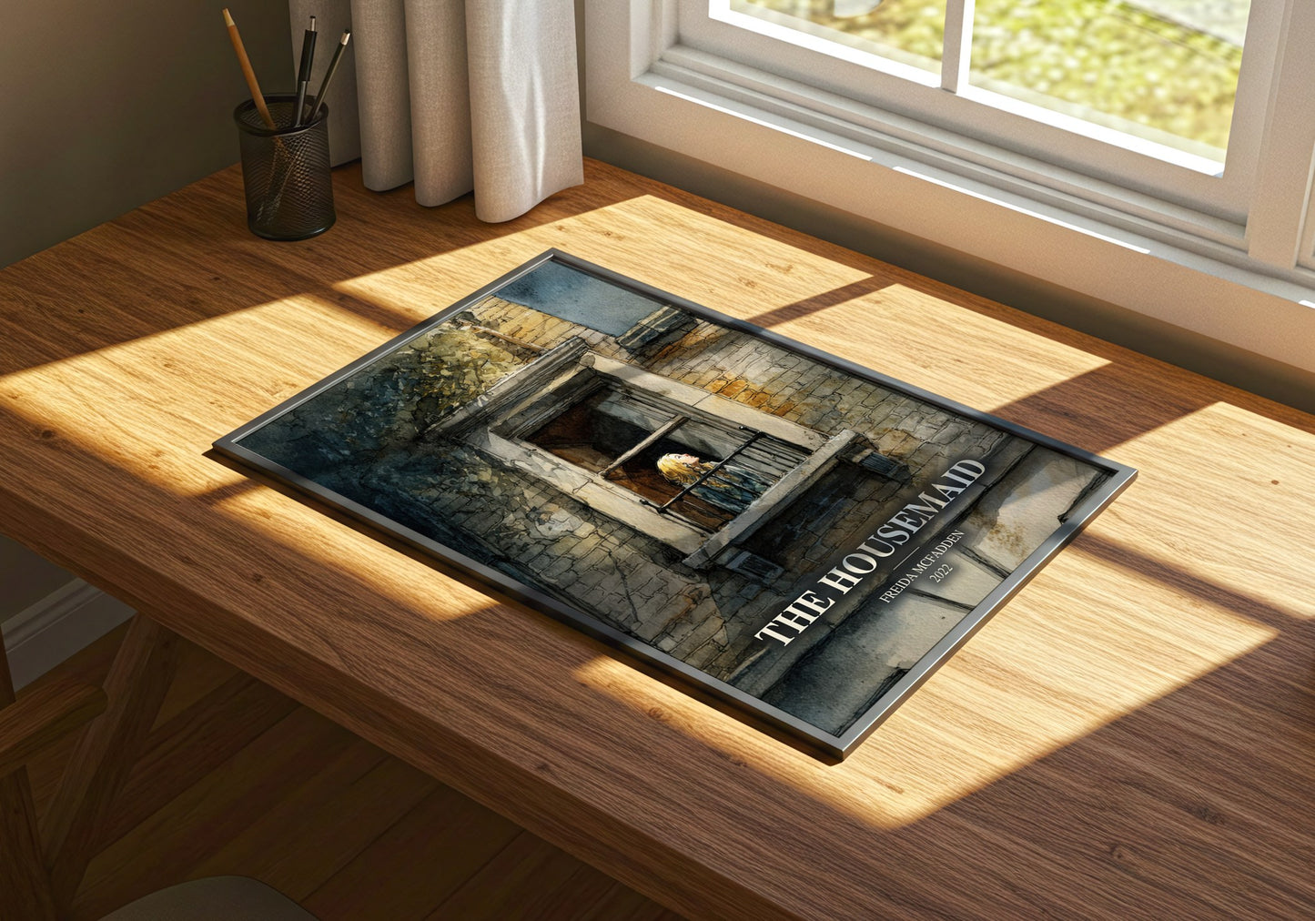 The Housemaid watercolour book poster framed on wall – thriller wall art