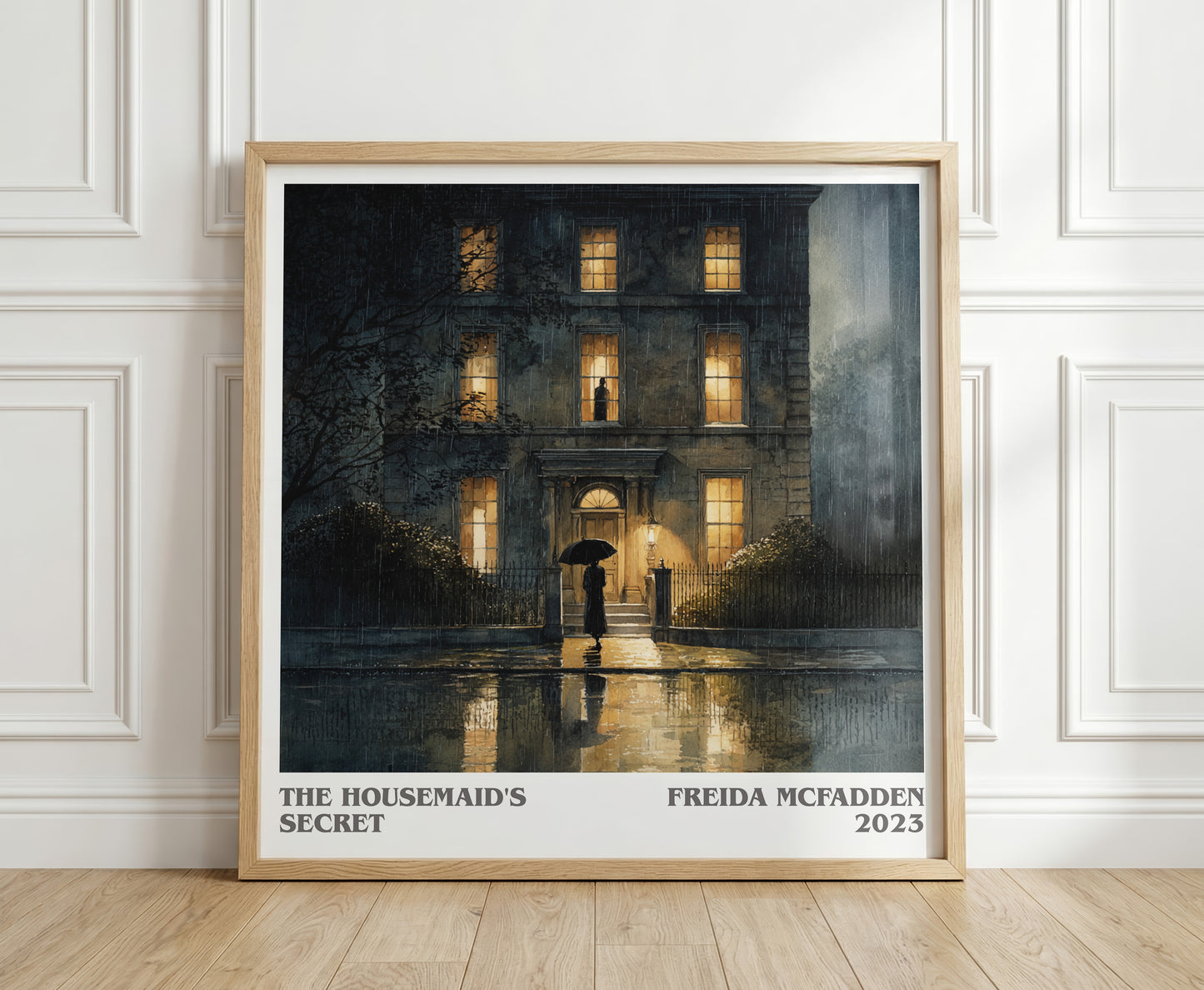 The Housemaid's Secret literary print in frame leaning in hallway – thriller wall art