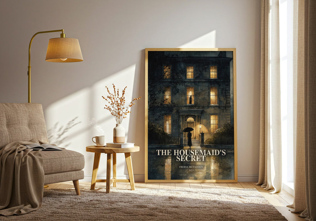 The Housemaid'S Secret watercolour print in frame leaning in hallway – thriller wall art (mockup)