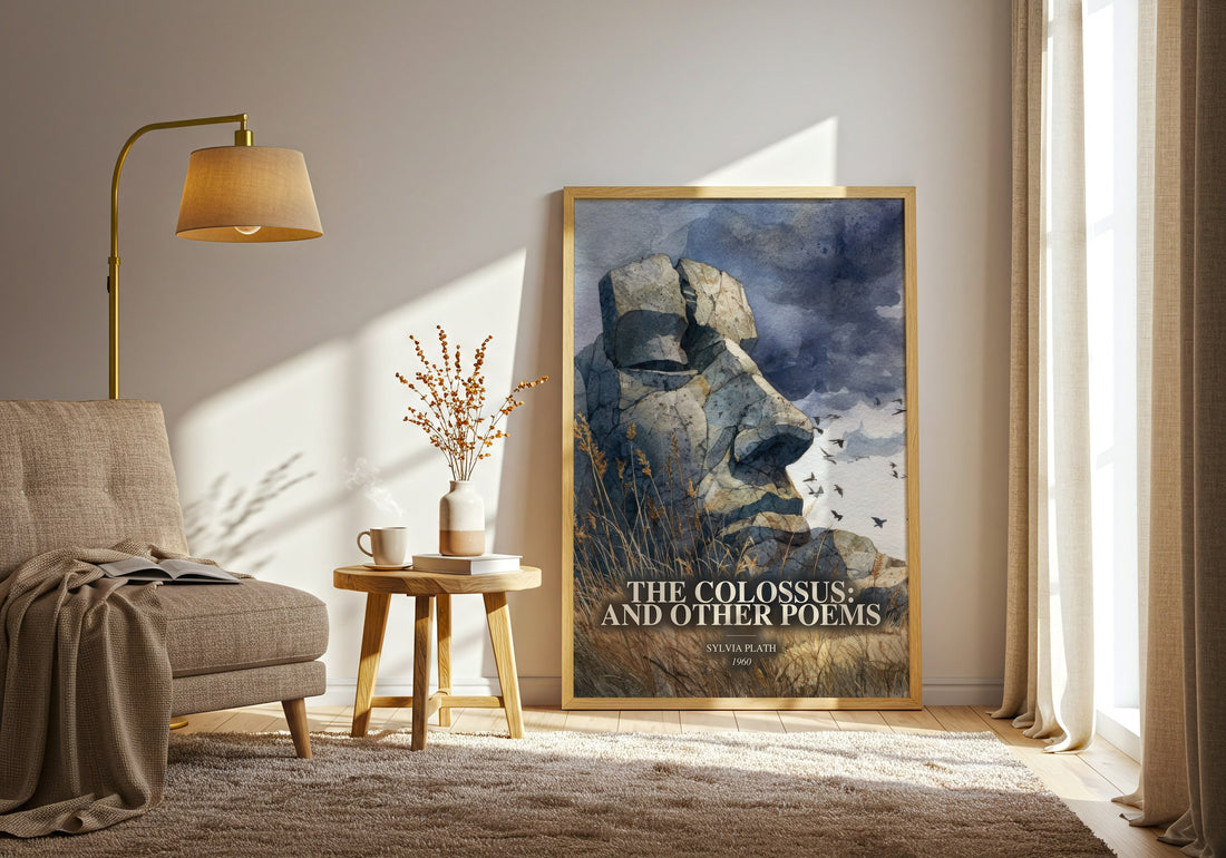 The Colossus: And Other Poems watercolour print in frame leaning in hallway – poetry wall art (mockup)
