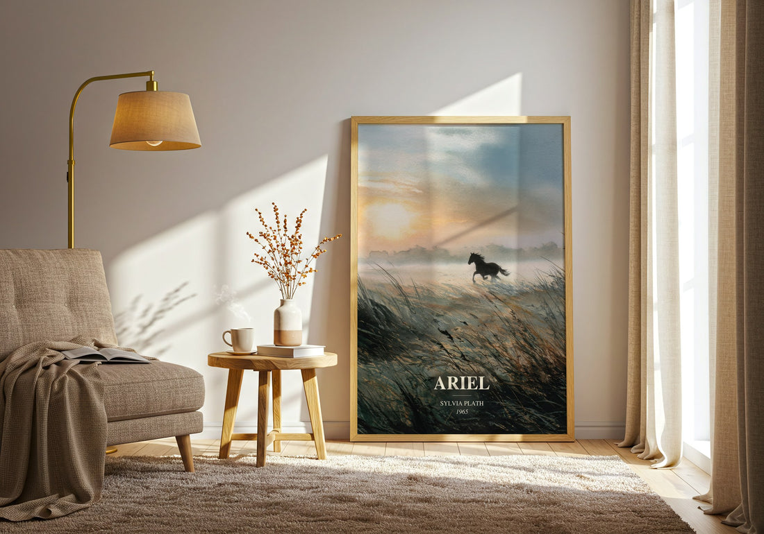 Ariel watercolour print in frame leaning in hallway – poetry wall art (mockup)