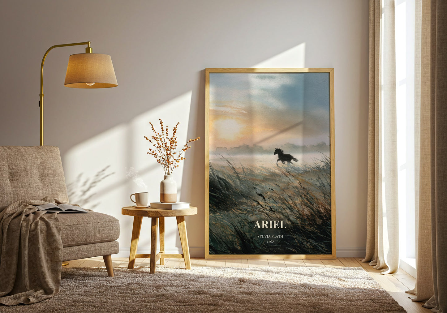 Ariel watercolour print in frame leaning in hallway – poetry wall art