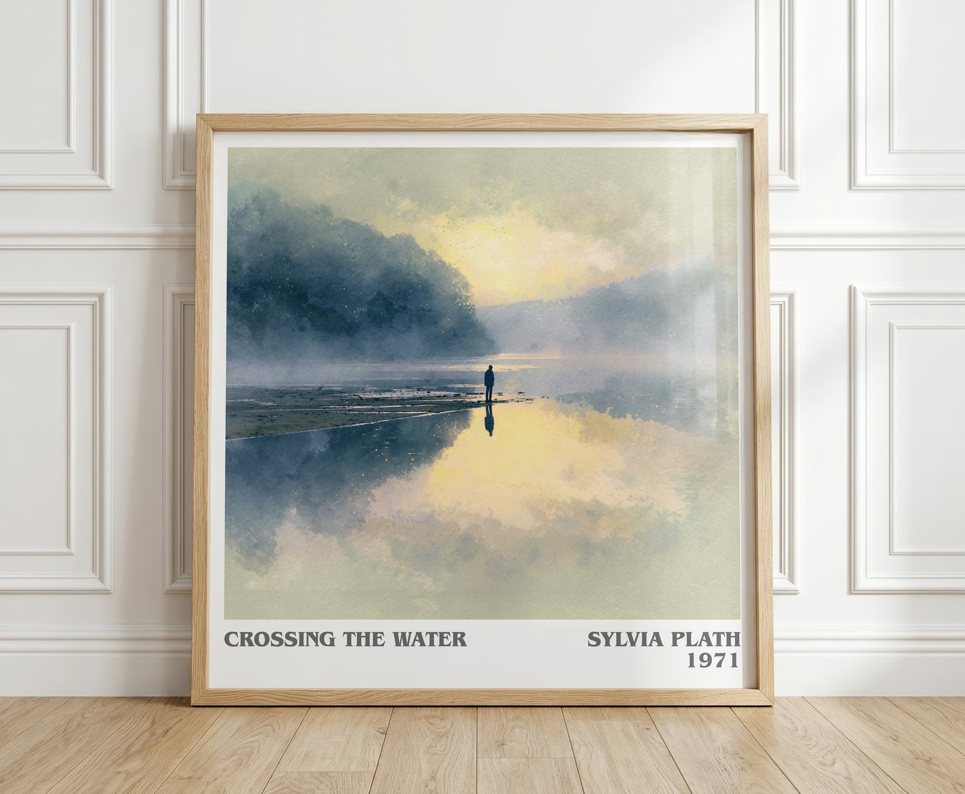Crossing the Water literary print in frame leaning in hallway – poetry wall art