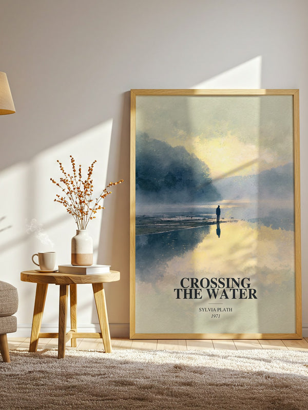 Crossing The Water watercolour print in frame leaning in hallway – poetry wall art